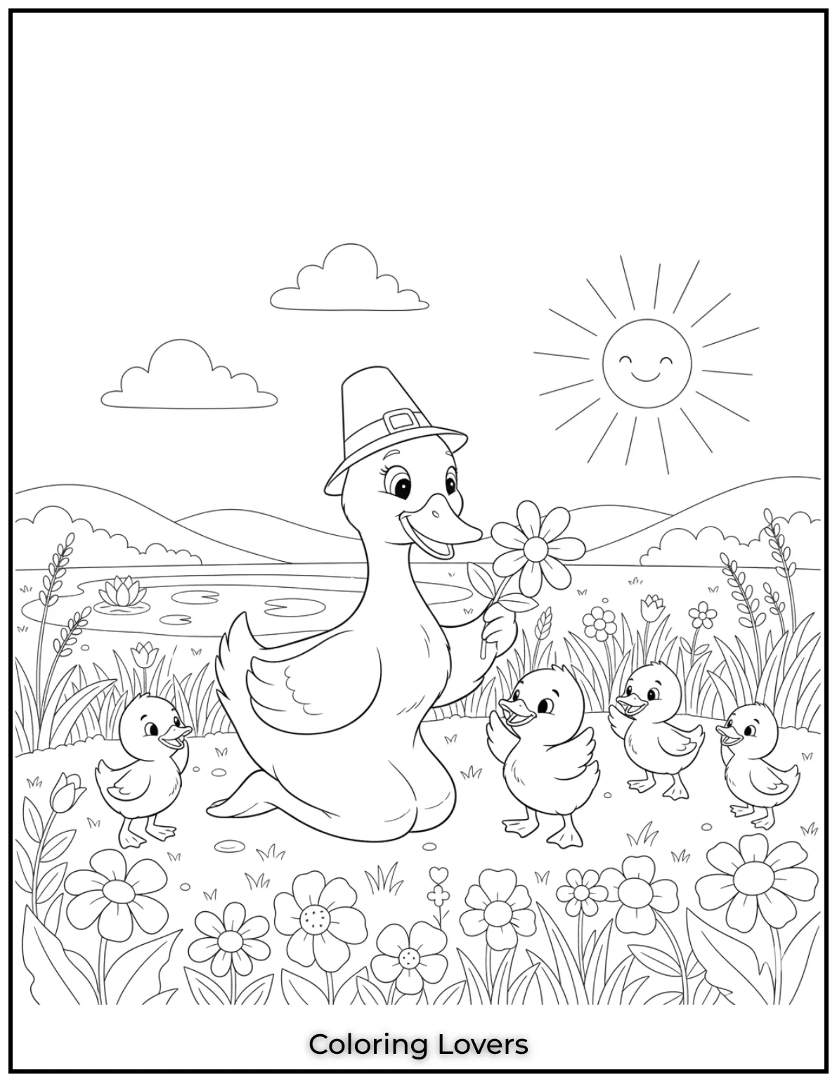 Duck Coloring Pages That Kids Like the Most 11 A gentle mother duck gifting her baby a flower a charming scene for kids to enjoy in printable duck coloring pages