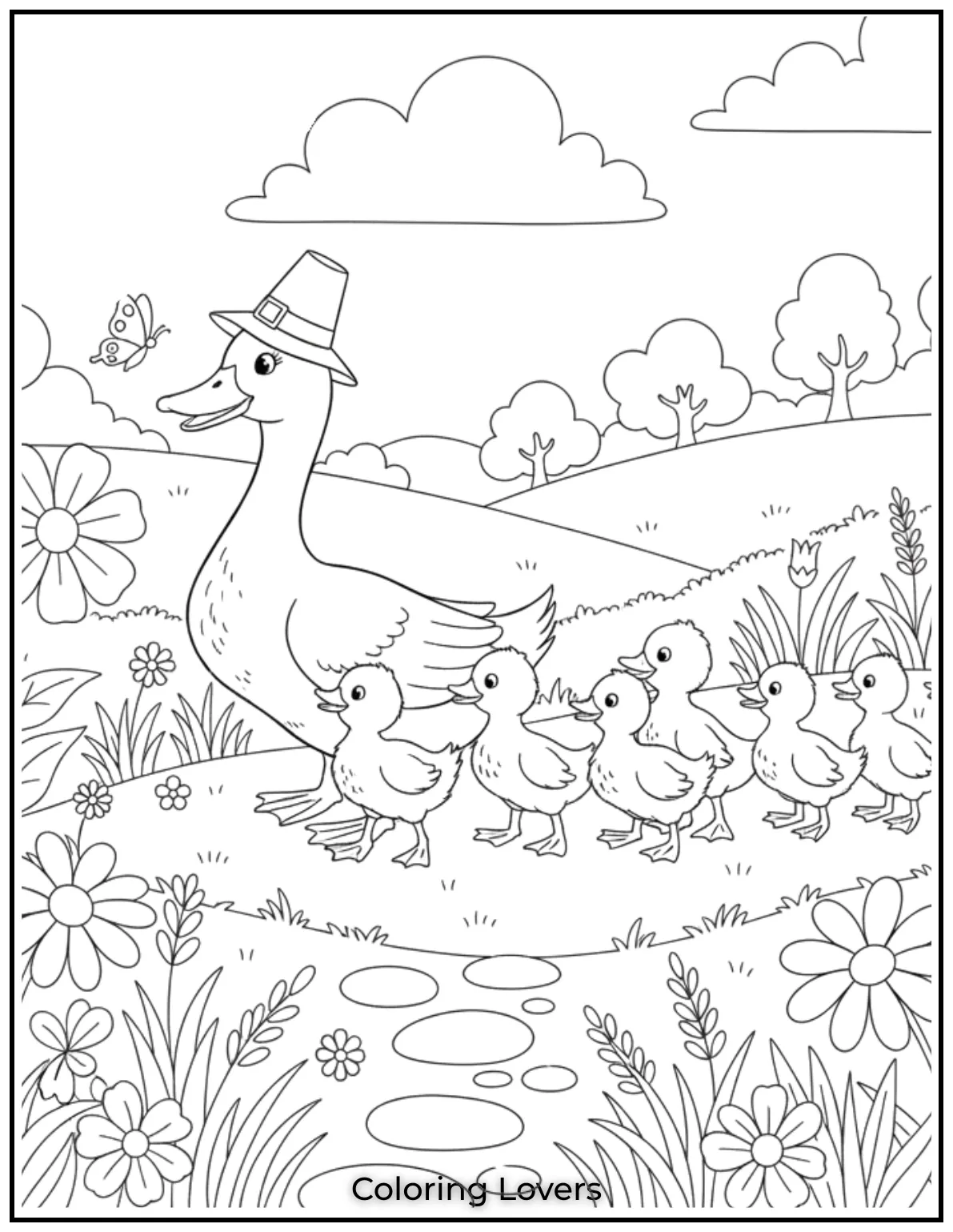 Duck Coloring Pages That Kids Like the Most 5 A gentle mother duck leads her ducklings through a meadow discovering a butterfly along the way