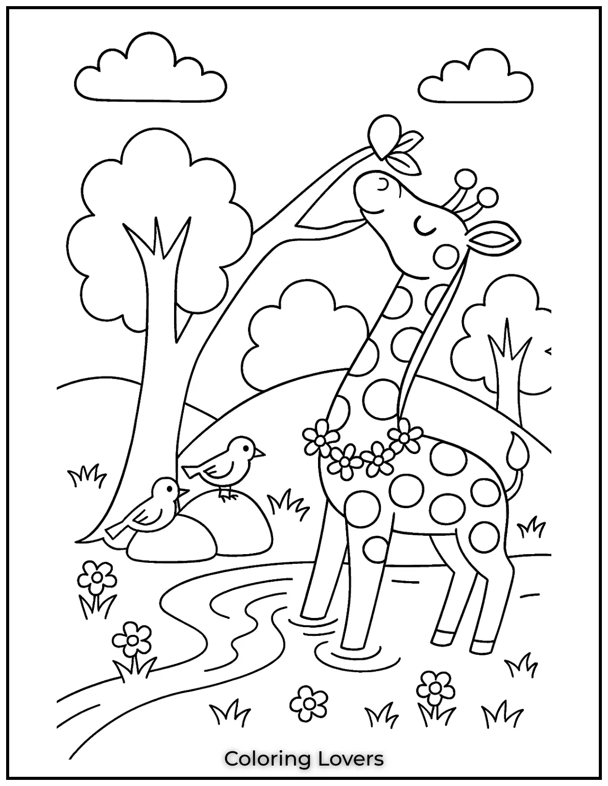 A giraffe enjoys a drink while birds watch from a rock nearby