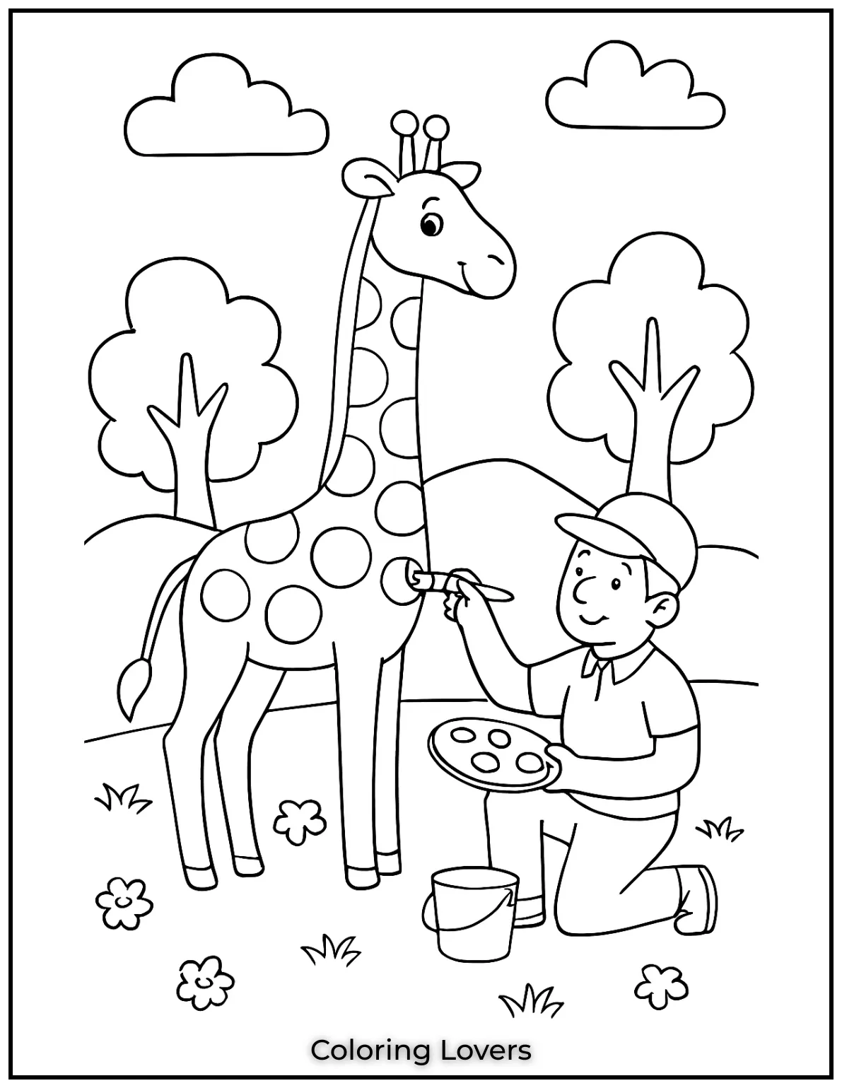 A giraffe stands patiently as a man paints its beautiful spots.