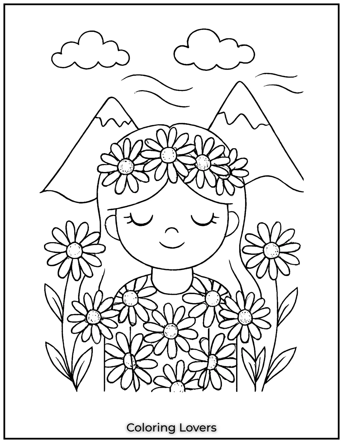 A girl with a daisy crown surrounded by flowers and mountains.