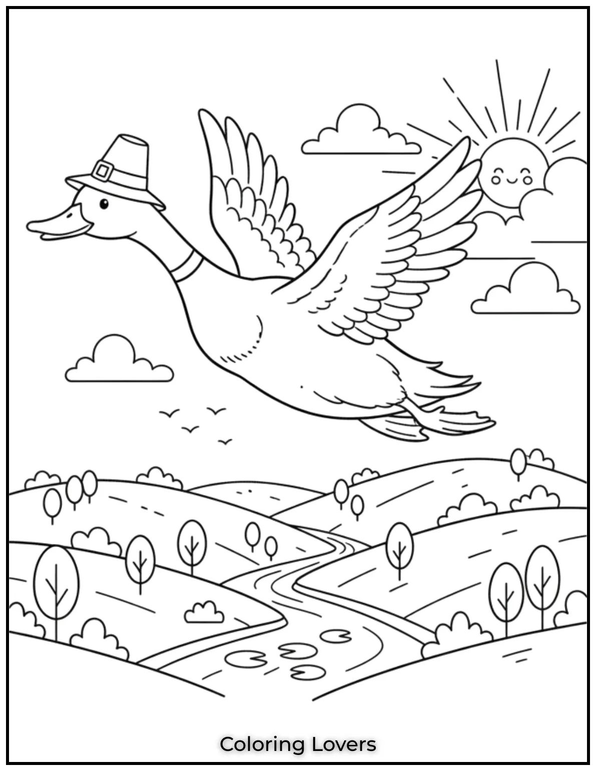 Duck Coloring Pages That Kids Like the Most 37 A graceful duck gliding over rolling hills a peaceful image inviting kids to explore nature with colors