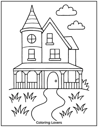 A grand Victorian house with a towering turret stands tall. Its wide porch adds to its elegant charm.