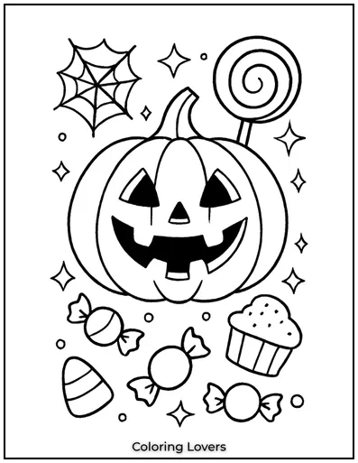 A grinning jack-o’-lantern surrounded by spooky sweets.