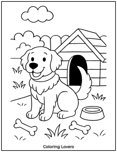A happy Golden Retriever sits beside his comfy home. With a bone and a water bowl, he’s all set for a great day!