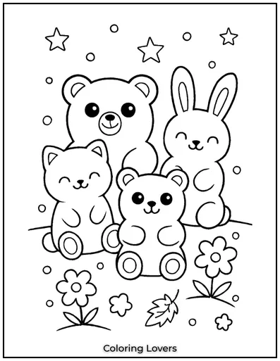 A happy bunch of gummy bears, bunnies, and kittens.
