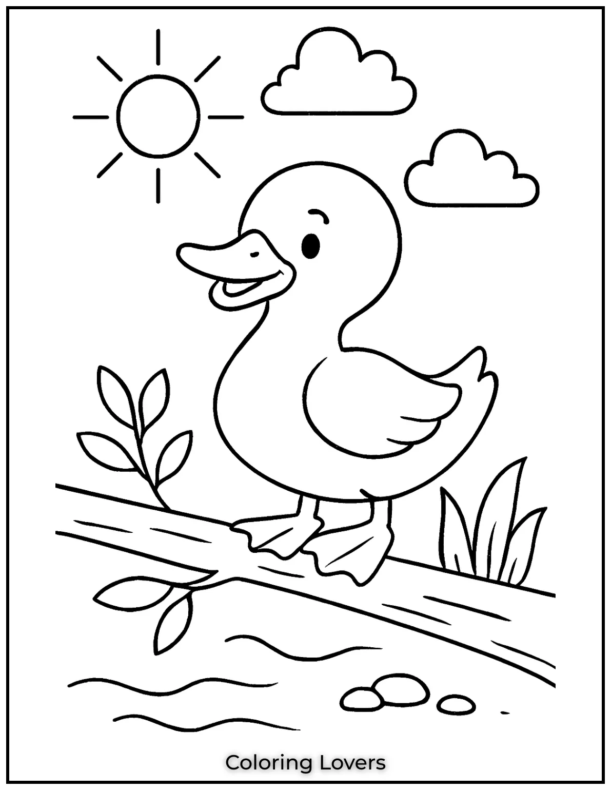 Summer Coloring Pages for Kids and Adults 20 A happy duck stands on a branch under a bright summer sky