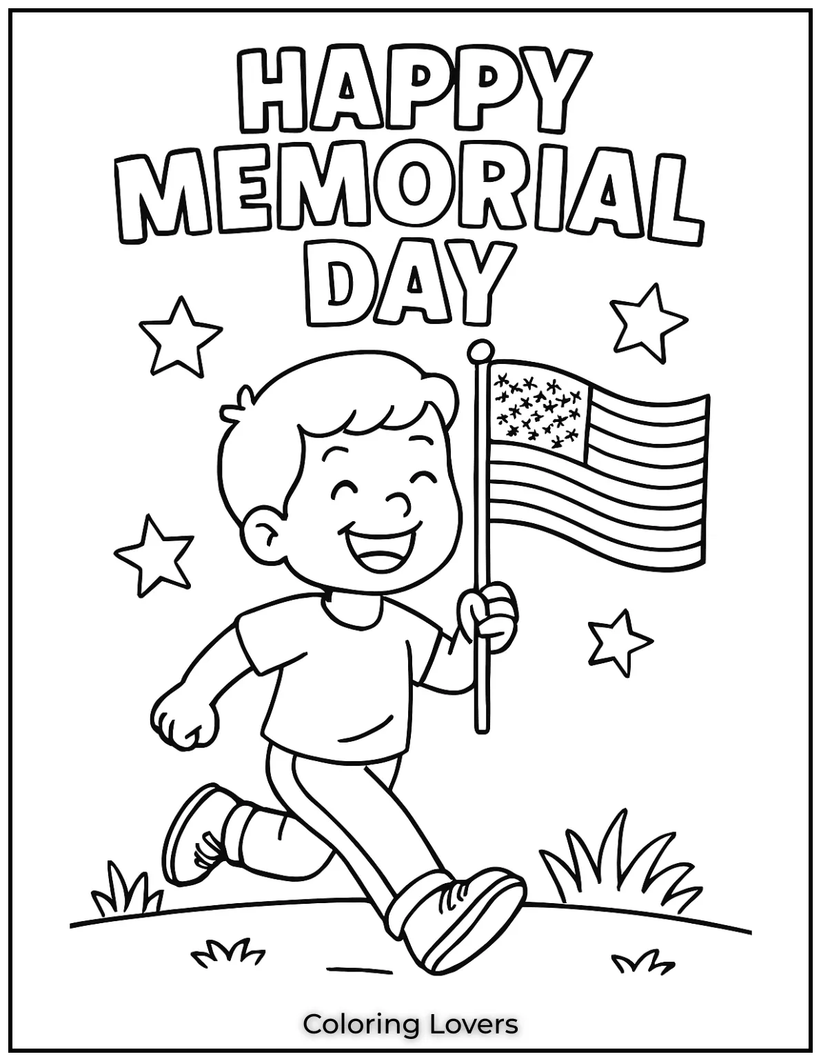 A happy kid runs proudly holding the flag. His smile shines under the words Happy Memorial Day