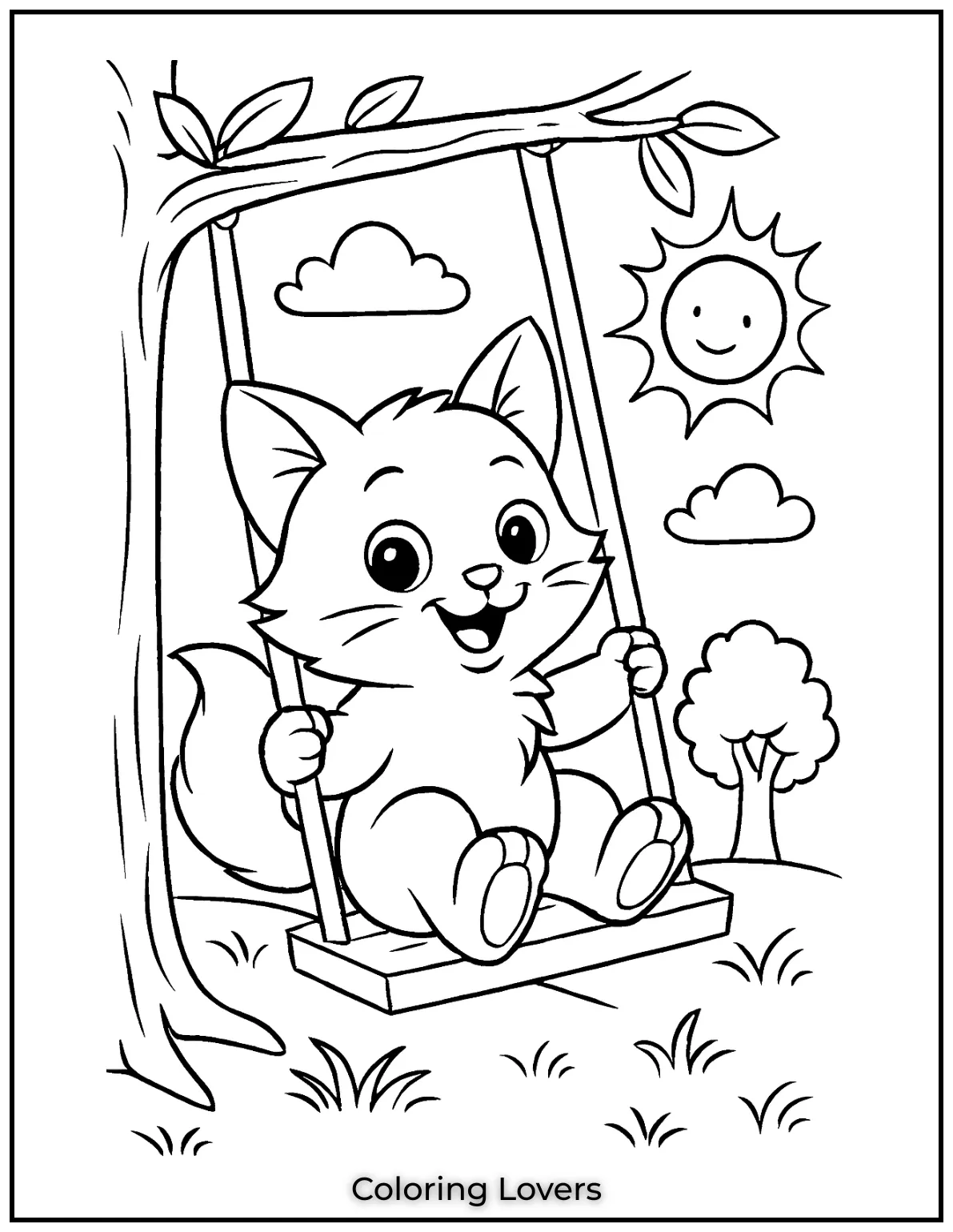A happy kitten enjoying a sunny day on a swing
