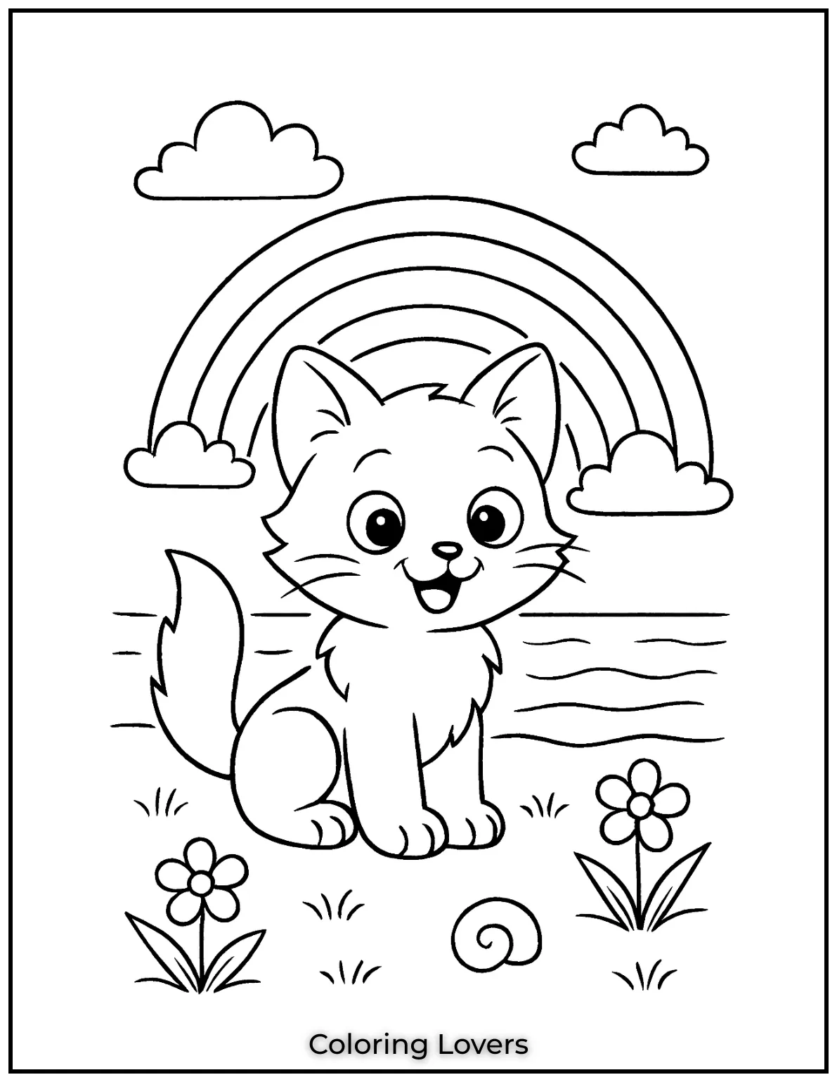 A happy kitten sitting under a rainbow in this cute coloring page