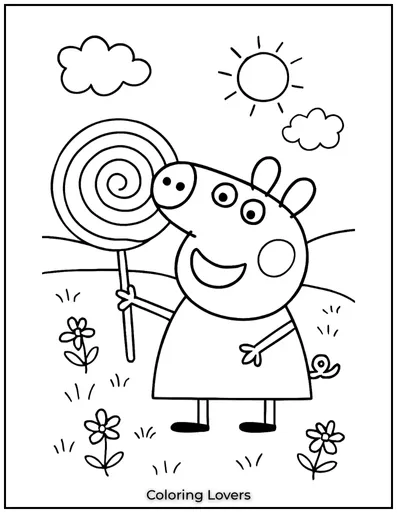 A happy little pig, Peppa Pig, enjoying a giant swirly lollipop.