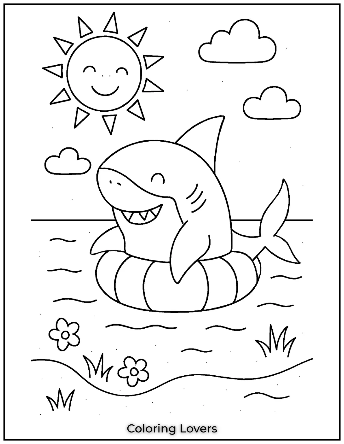 Summer Coloring Pages for Kids and Adults 12 A happy little shark floats in the sun on its striped pool ring