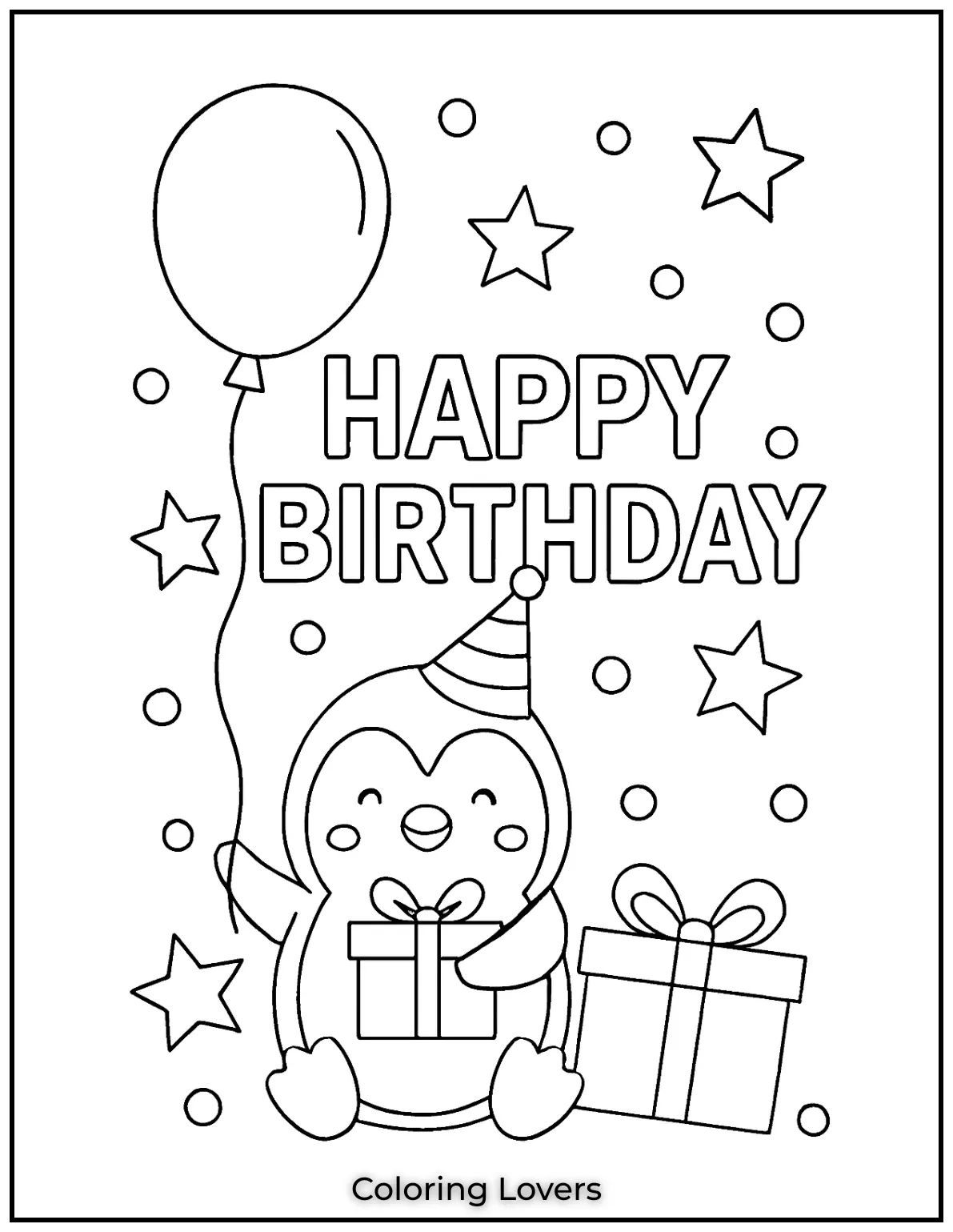 A happy penguin with a balloon and gift is ready to celebrate what a great happy birthday coloring page for fun times