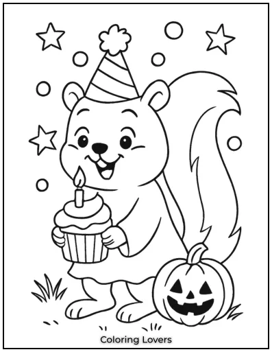Squirrel Coloring Pages Kids Will Love to Color! 27 A happy squirrel is holding a cupcake with a candle for a birthday celebration.