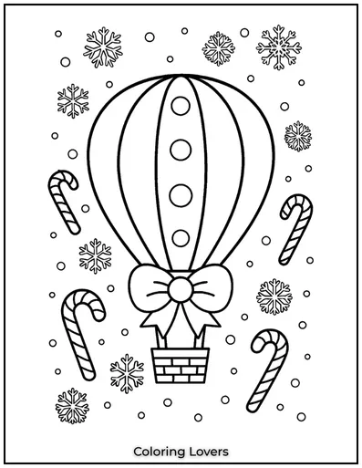 A hot air balloon floating in a festive winter sky. 