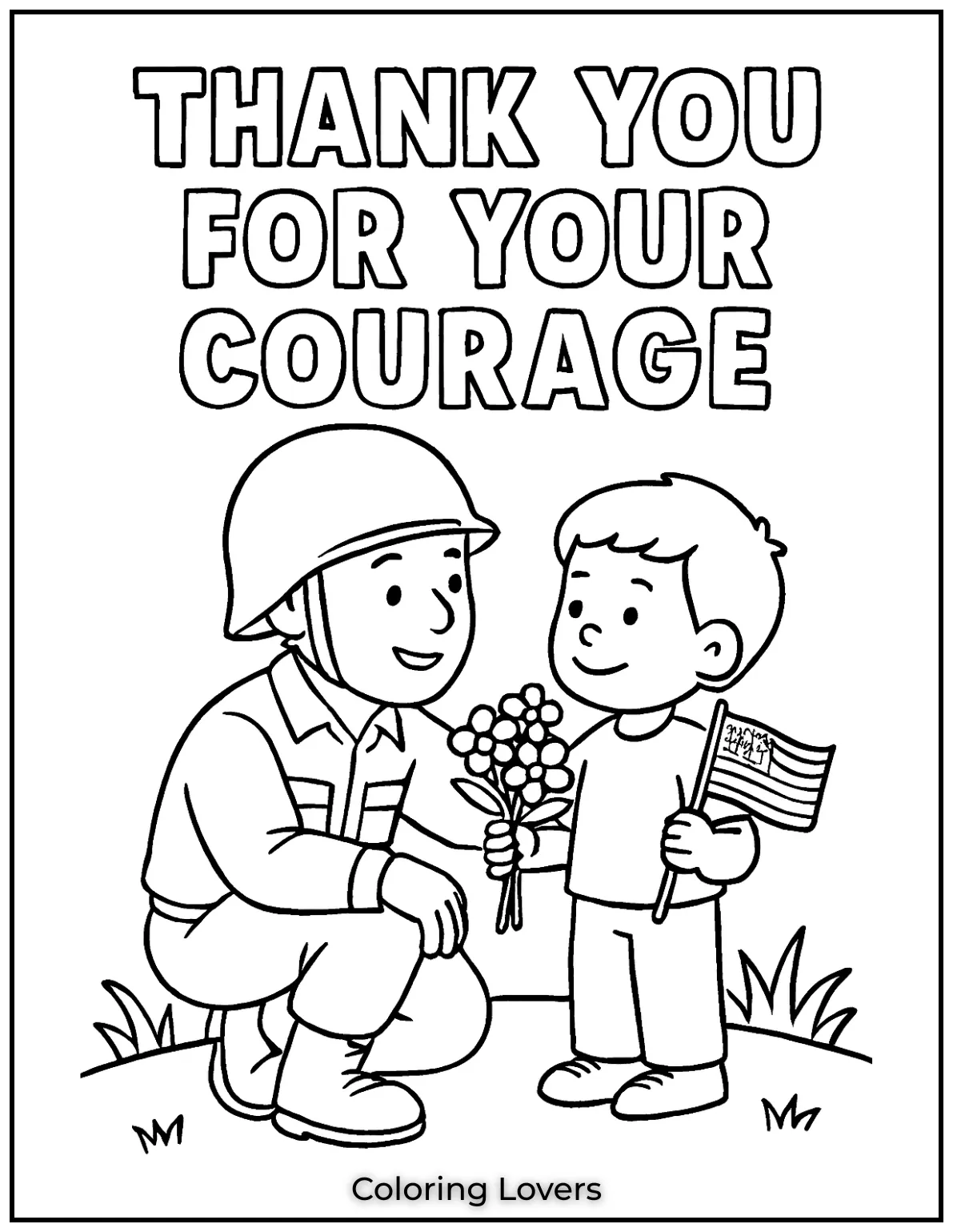 A kind soldier bends down to thank a little kid. Their sweet moment is framed by Thank You for Your Courage