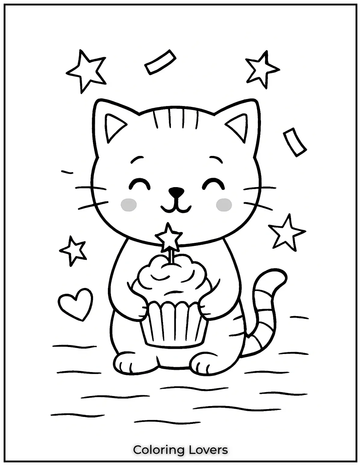 Fun and Free Cat Coloring Pages for Kids and Adults 13 A kitty with a cupcake what could be cuter Let your kids color this sweet moment filled with joy