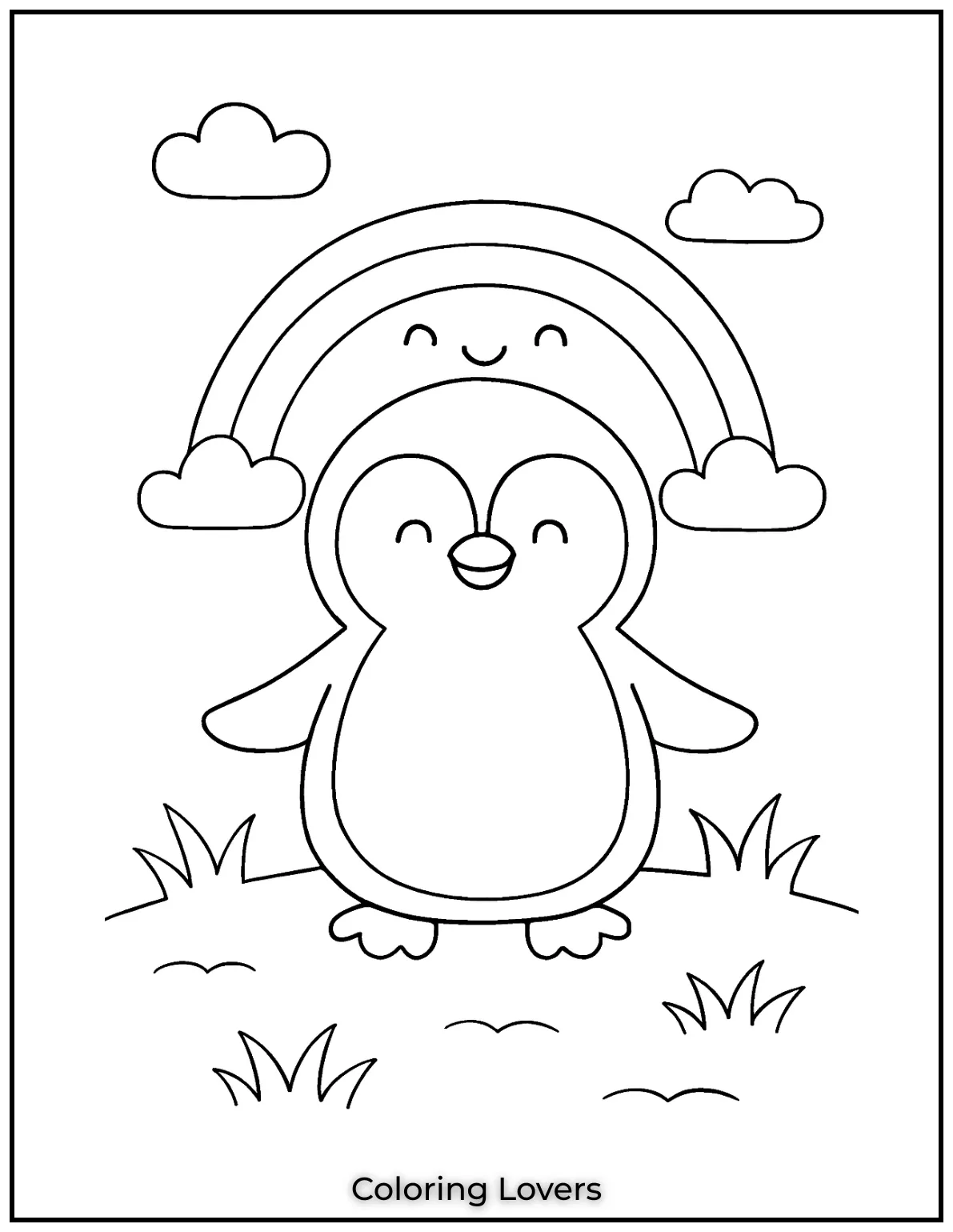 A little penguin beams beneath a smiling rainbow and fluffy clouds. This preschool coloring page invites gentle pastel strokes