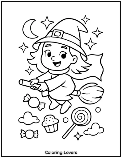 A little witch soars through the night, her broomstick swift and her cape flowing.