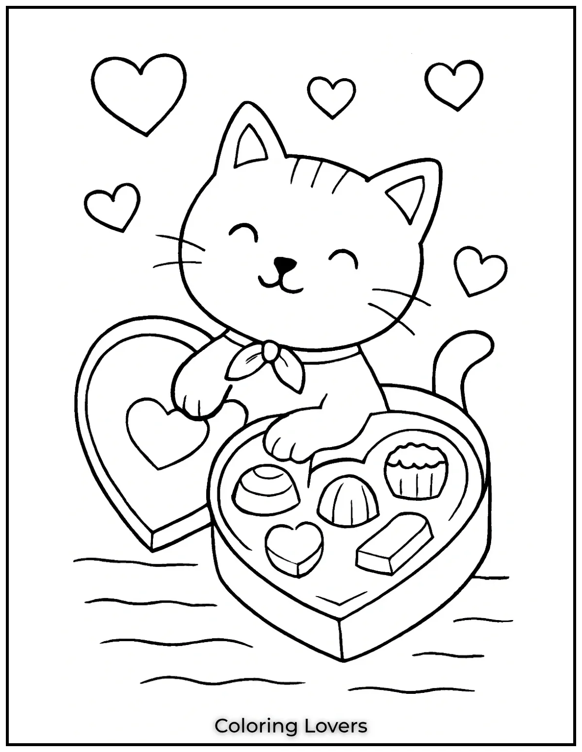 Fun and Free Cat Coloring Pages for Kids and Adults 37 A lovable cat nestled in a chocolate box. Valentines Day coloring fun for all ages