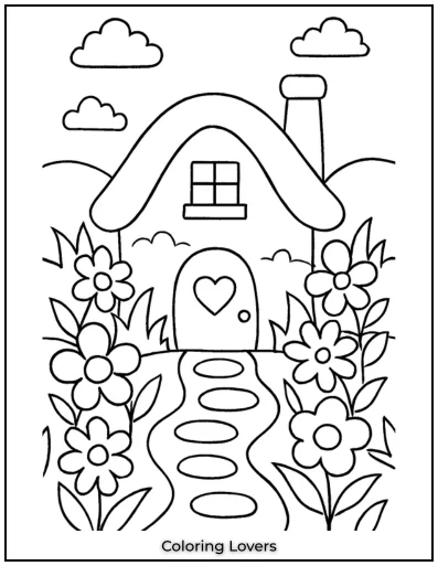 A lovely cottage with a curved roof sits in a garden of blooming flowers. A stone path leads to its heart-shaped door.