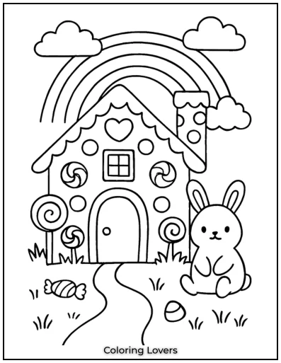 A magical candy house stands under a bright rainbow. A cute bunny sits nearby, waiting for a colorful world.