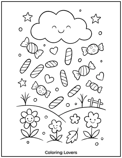 A magical candy rain is falling! Color it bright