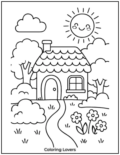 A magical little house tucked into nature, with a smiling sun above and a winding path leading to its charming entrance.