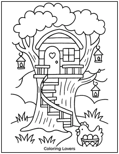 A magical treehouse with a spiral staircase sits high in the branches. Hanging lanterns