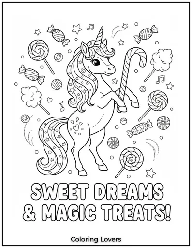 A magical unicorn holding a candy cane, surrounded by floating sweets.