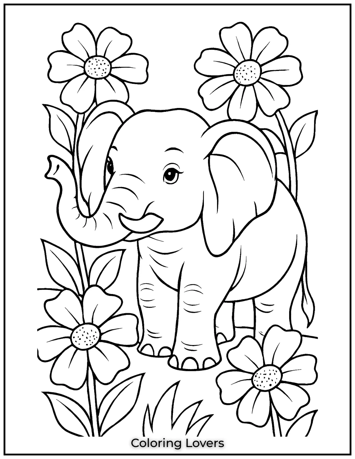 A majestic elephant stands among giant flowers. 