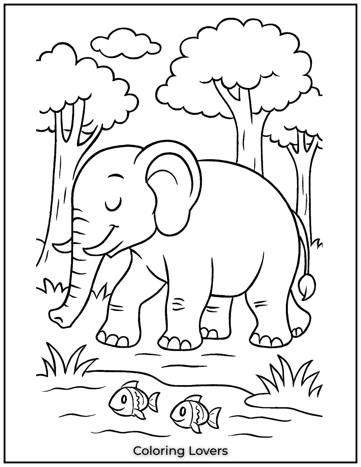 A majestic elephant walking through tall trees. A calming nature scene for young artists to color.
