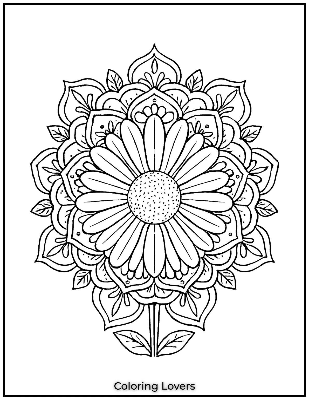 A mandala-style daisy, filled with intricate details for adults to enjoy. It’s both calming and engaging to color!