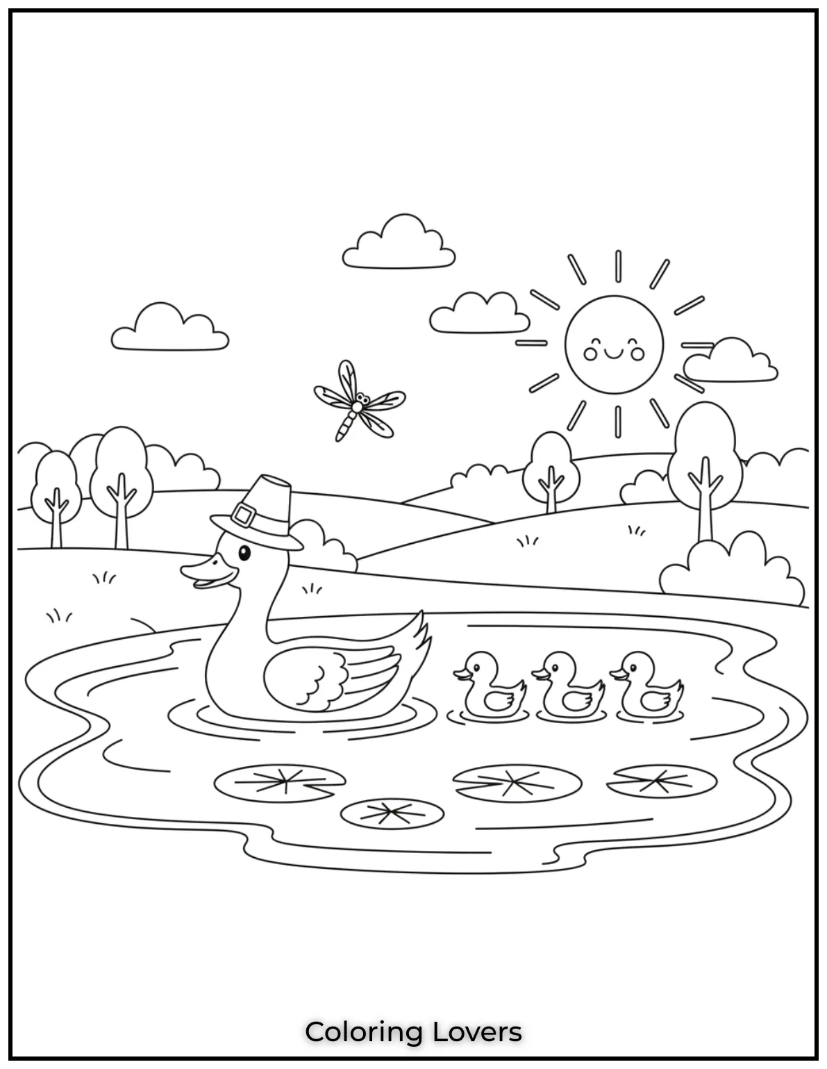 Duck Coloring Pages That Kids Like the Most 8 A mother duck leads her ducklings across the pond with a dragonfly flying by. A peaceful coloring page