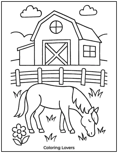 A peaceful farm with a big barn and a grazing horse. The wooden fence adds a rustic charm to the scene.