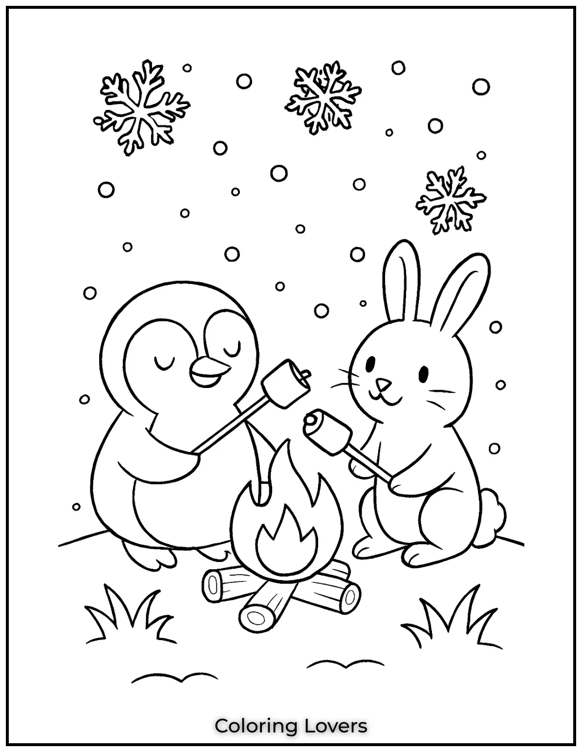 A penguin and bunny roast marshmallows by a campfire under light snowfall