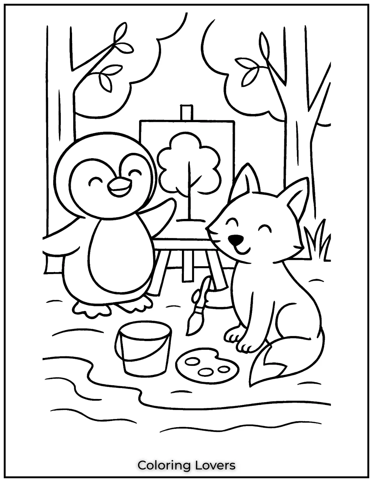 A penguin and fox paint together in the woods. This art moment sparks nature tales