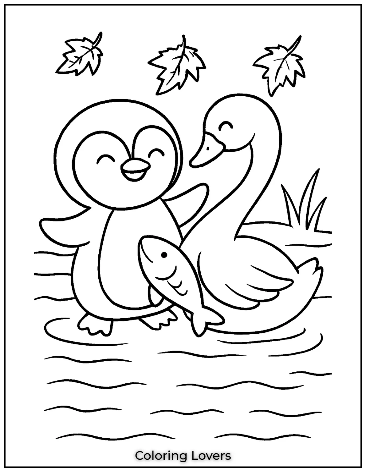 A penguin dances with a swan under falling leaves by a calm lake. Kids can pick warm oranges and blues