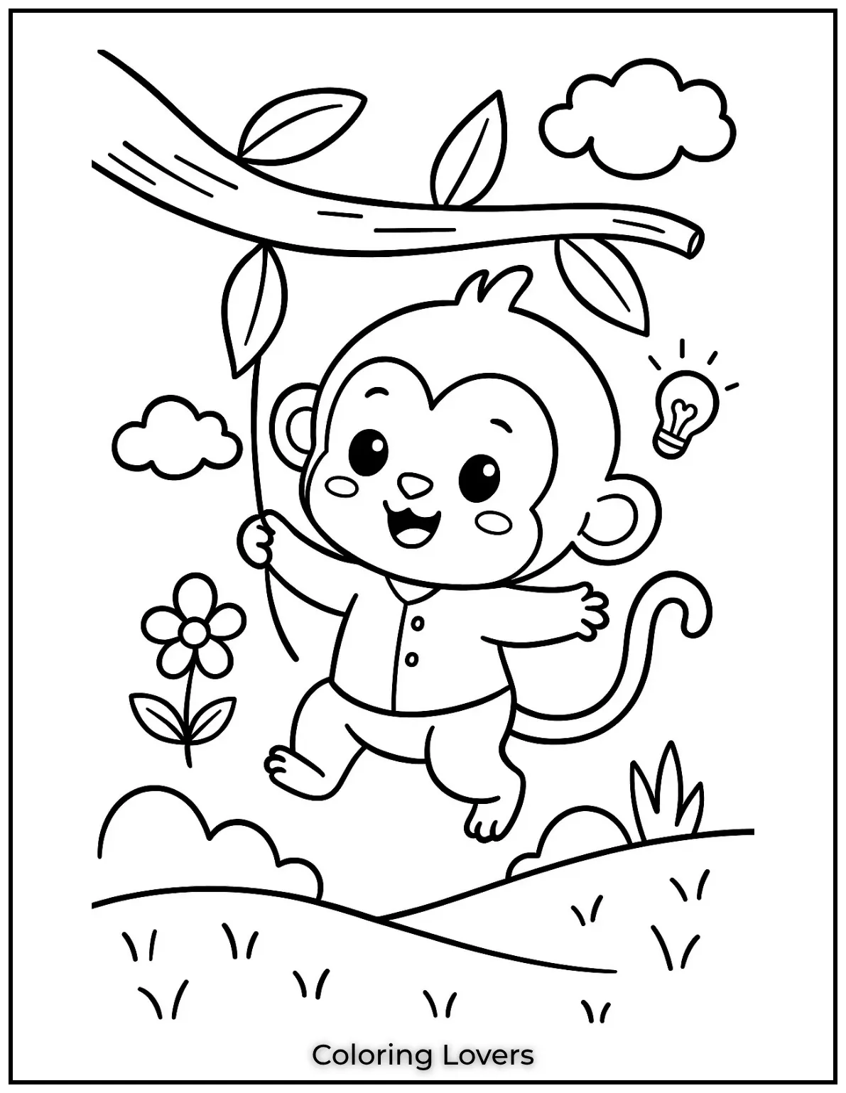 A playful baby monkey swings on a tree. Simple coloring sheets and coloring pages provide fun easy coloring ideas for children