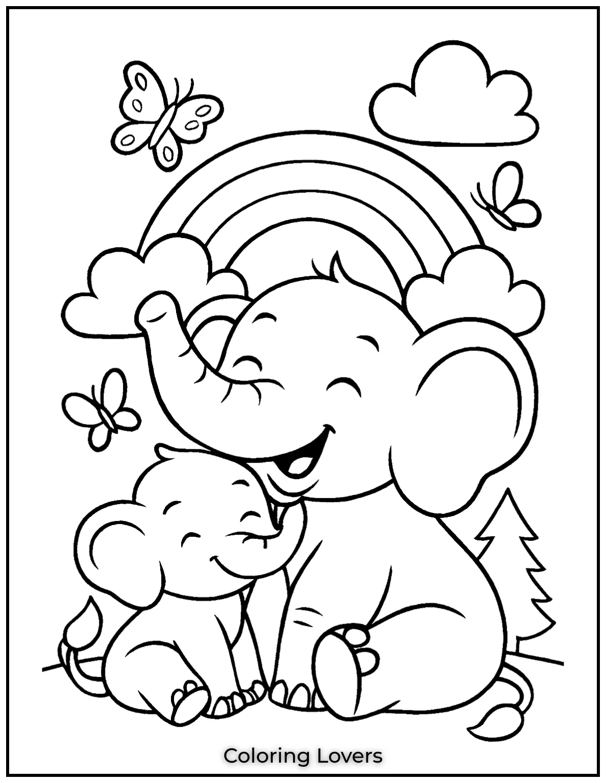 A playful elephant with a rainbow and butterflies brings joy