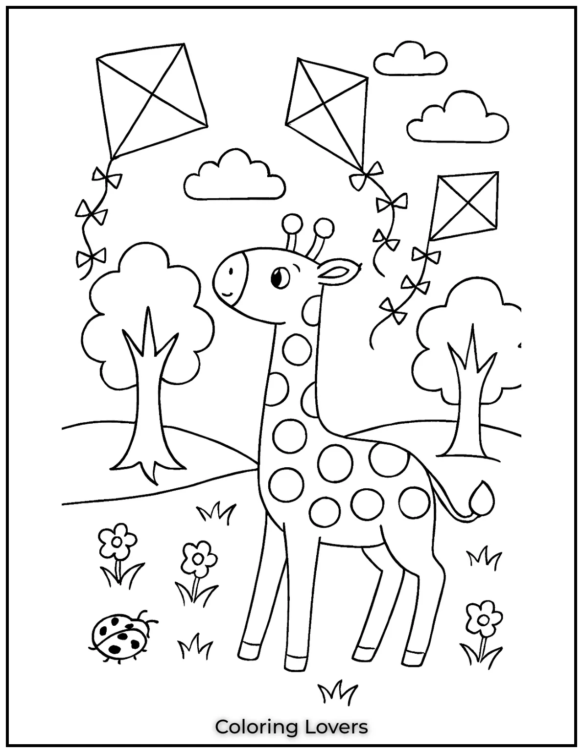 A playful giraffe watches as kites fly high in the sky.