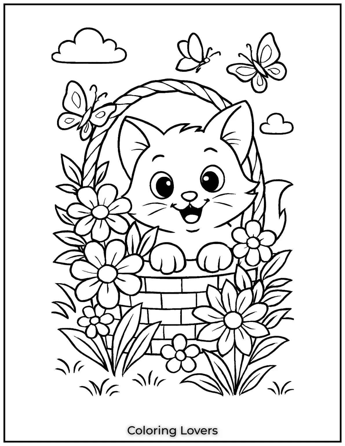 A playful kitten hiding in a flower basket while butterflies flutter around