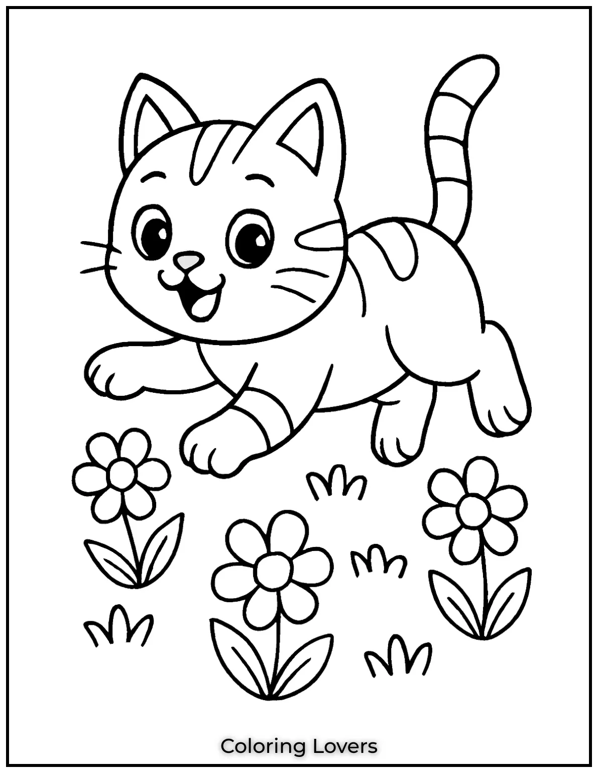 A playful kitten jumping around flowers