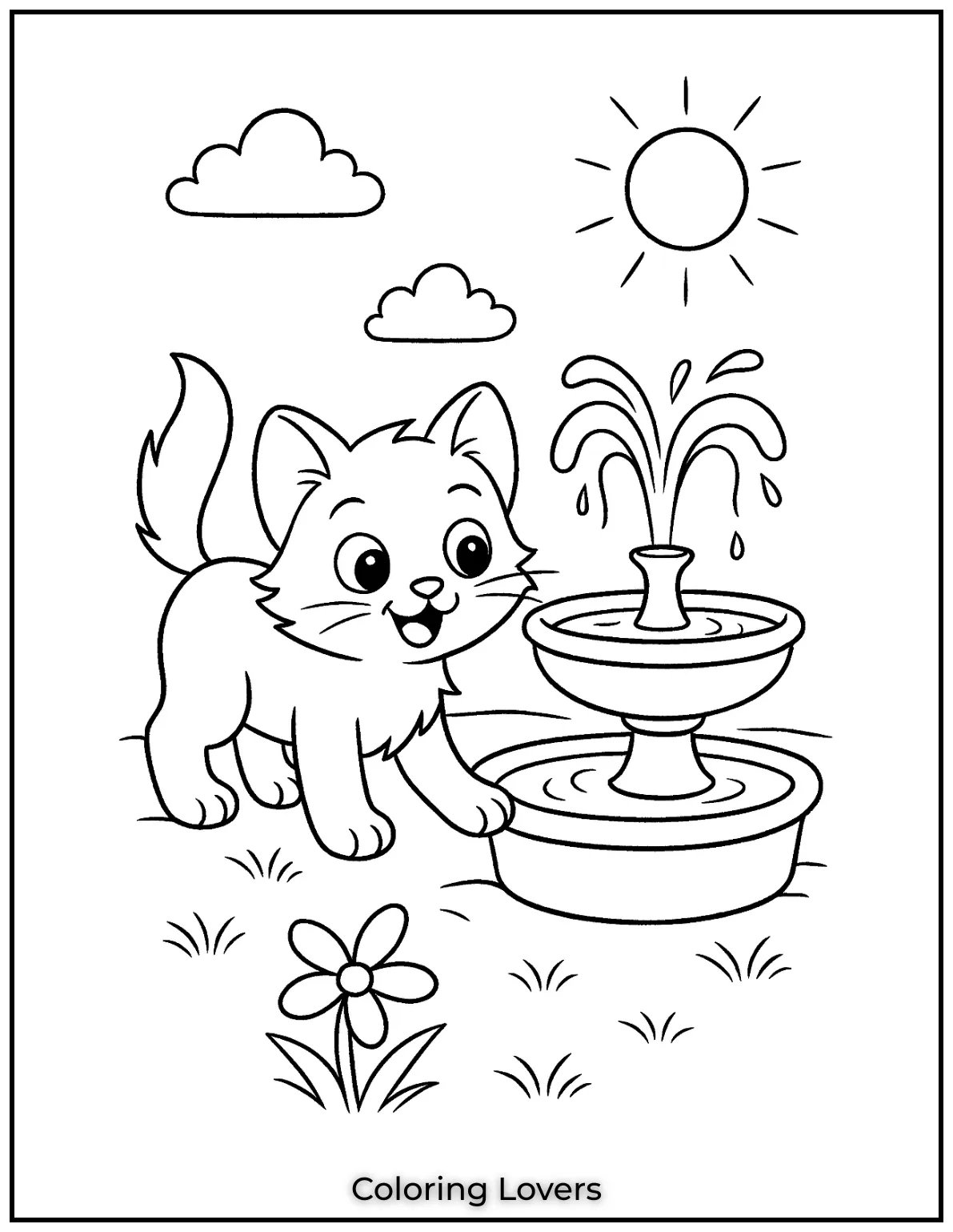 A playful kitten standing near a fountain on a sunny day in this fun coloring page
