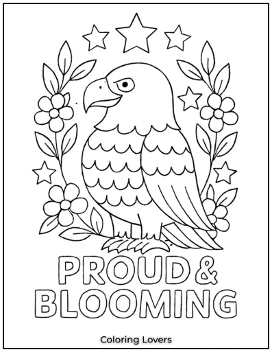 A proud eagle sits in a wreath of stars and flowers.