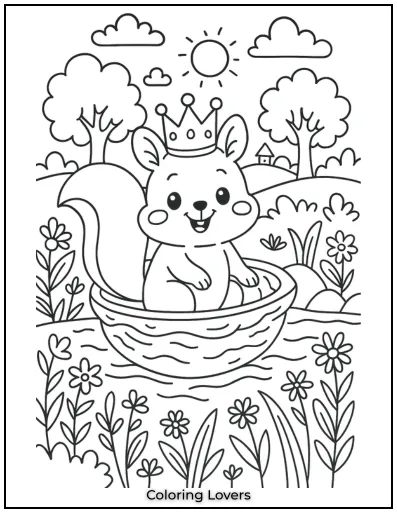 Squirrel Coloring Pages Kids Will Love to Color! 12 A royal squirrel sitting in a walnut shell, wearing a crown.