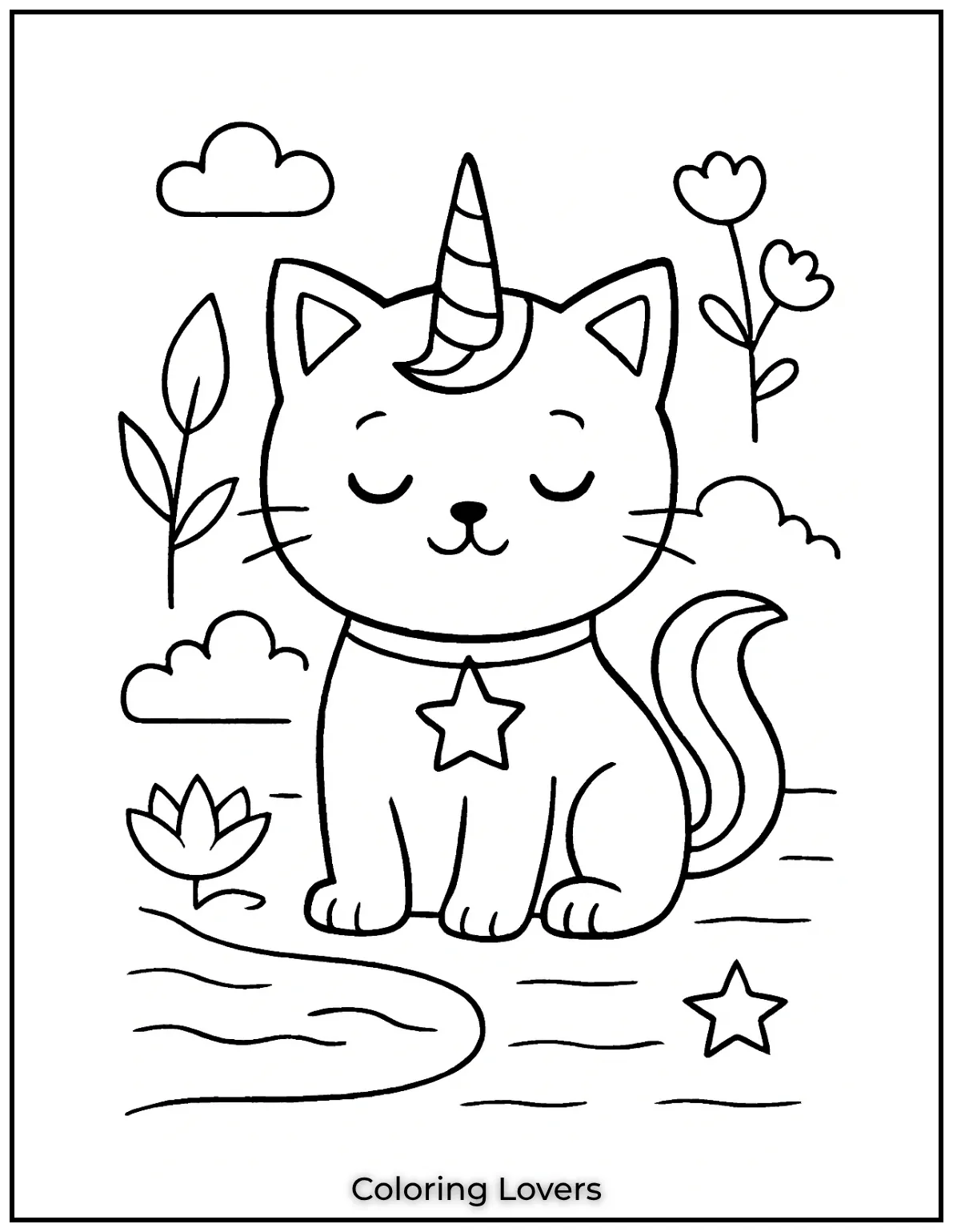 Fun and Free Cat Coloring Pages for Kids and Adults 22 A serene unicorn cat resting by the pond. Let your childs imagination bloom with this calming scene