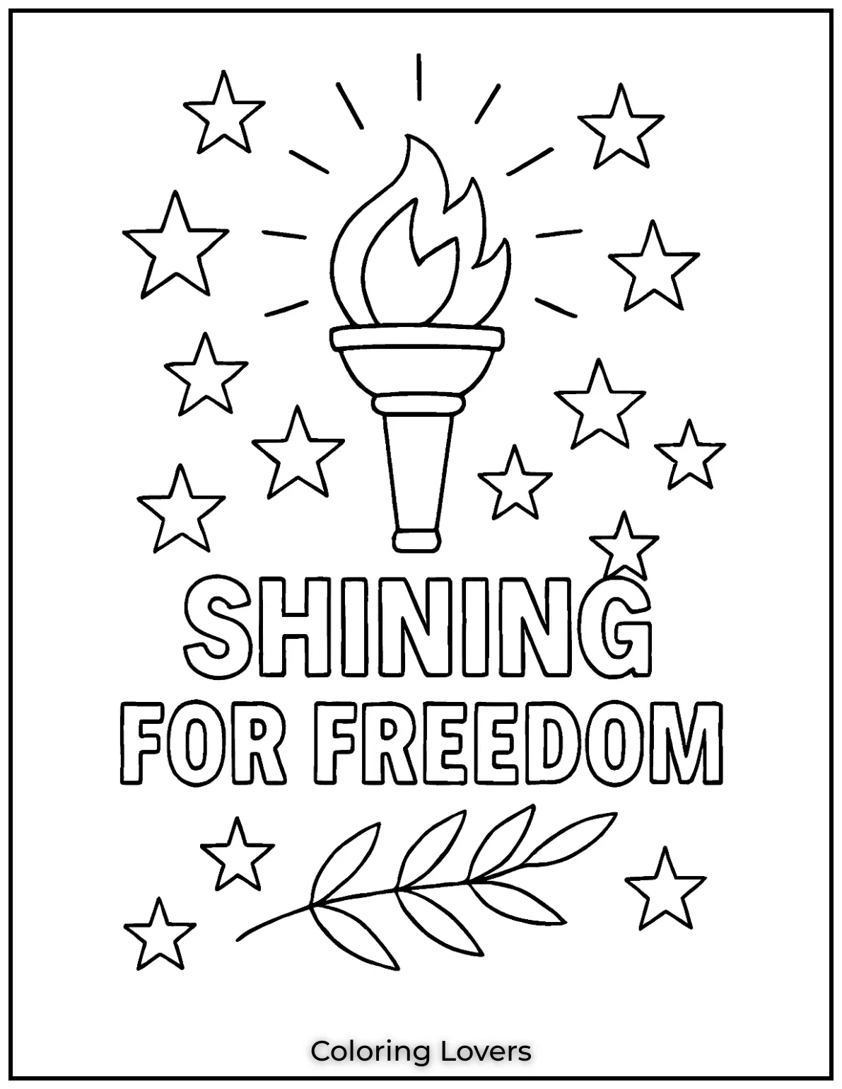 A shining torch is framed by bold stars. Beneath it glows the phrase SHINING FOR FREEDOM