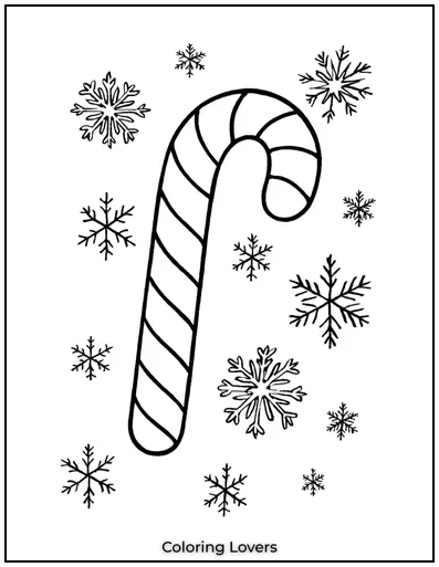 A single candy cane surrounded by delicate snowflakes.