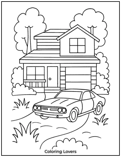 A sleek modern home paired with a timeless muscle car. A suburban family home coloring page full of nostalgia..